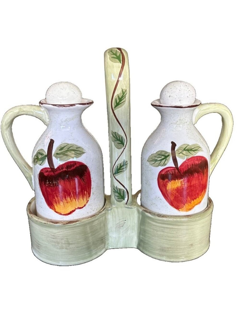 Cambridge Potteries Cruet Apple Sauce Brand Oil/Vinegar & Caddy Hand Painted